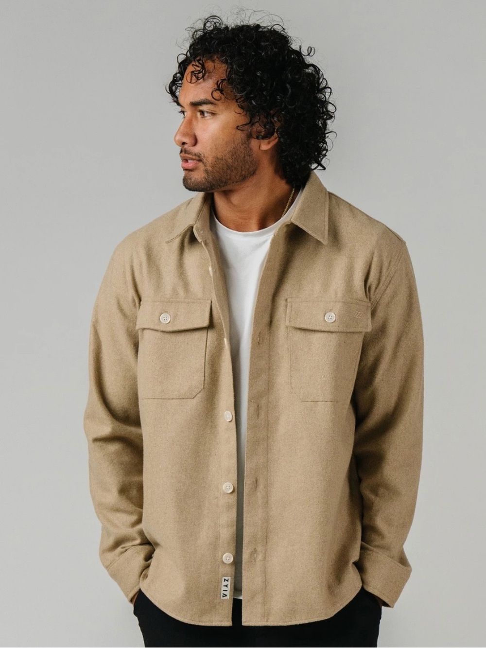 ZYIA Men's Tan Button-Front Shirt Jacket